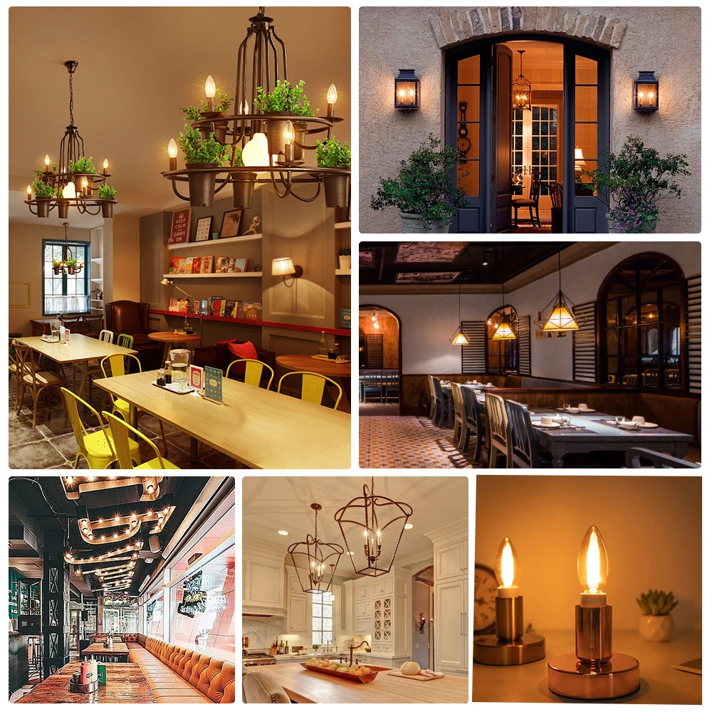 Dimmable C35G Amber Glass E14S Led Light Bulbs 220V Filament Lamp 6W Candle Lights Warm White 2700K Replaceable Chandelier Decor