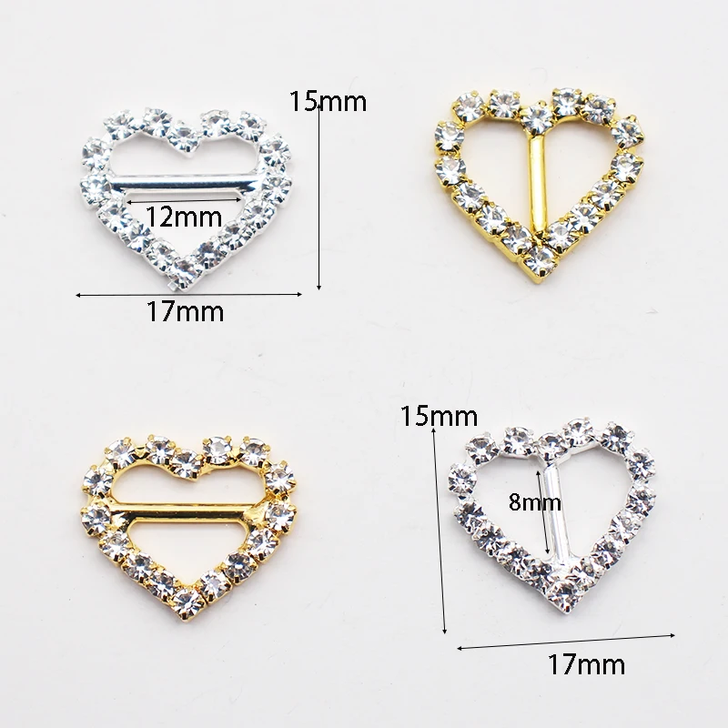 10 sztuk 15*17mm w kształcie serca klamra z kryształkami DIY metalowa diamentowa klamra akcesoria do włosów wstążka pudełko przesuwana dekoracja
