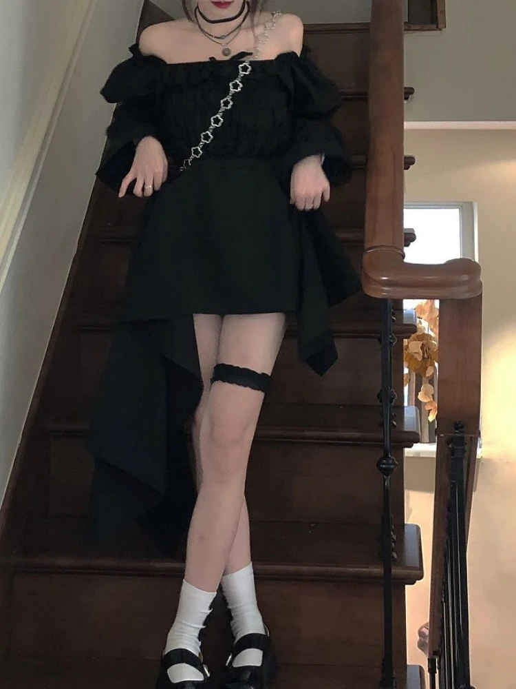 Slash Neck Dresses Women Mini Sweet Irregular Solid Princess Fashion Tender Ulzzang Chic College Girlish Personality Vestidos