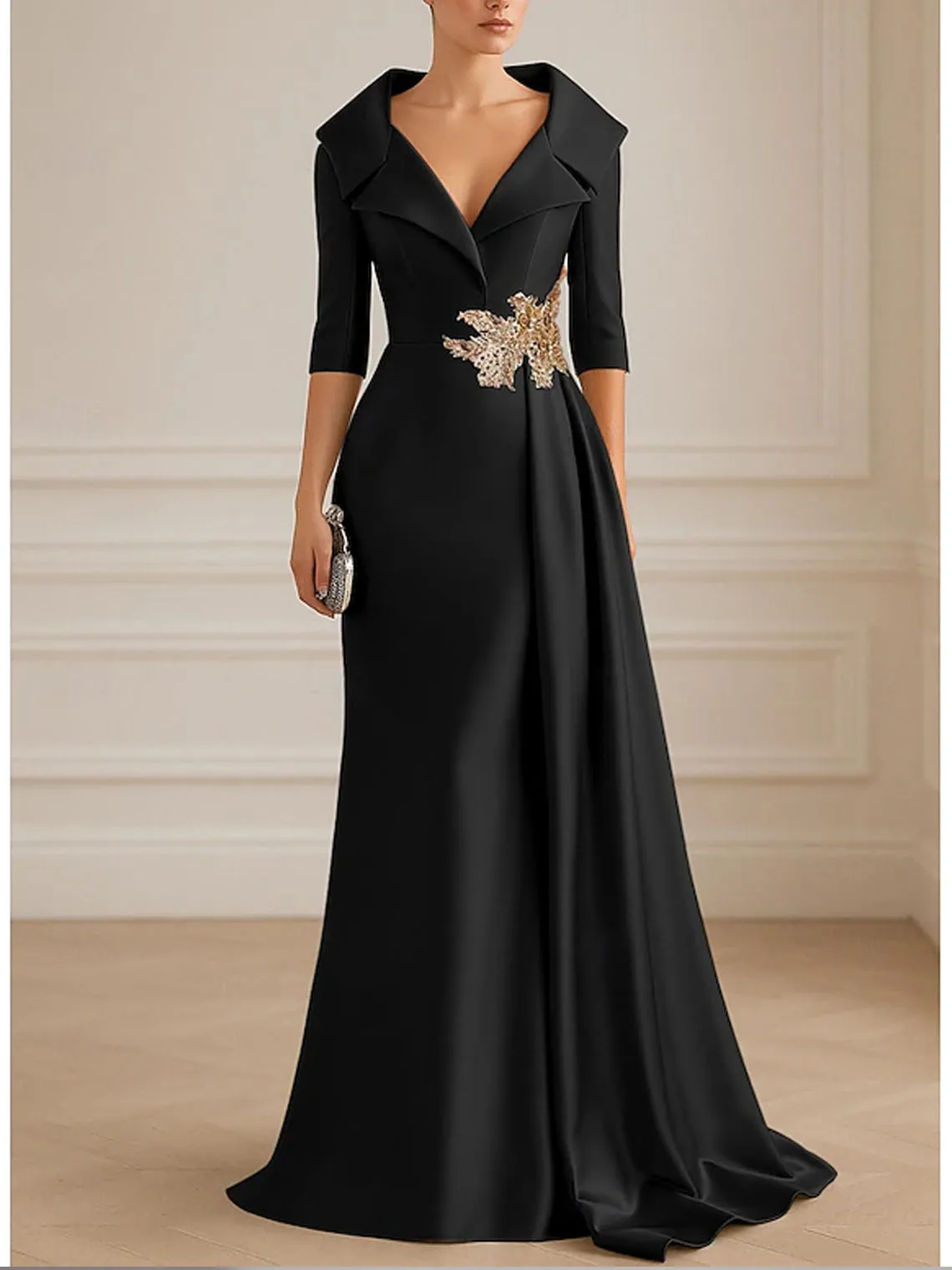 

Elegant A-Line Stretch Fabric Prom Dress Shirt Collar Floor Length 3/4 Sleeve Pleated Formal Evening Gown 2025 free customized