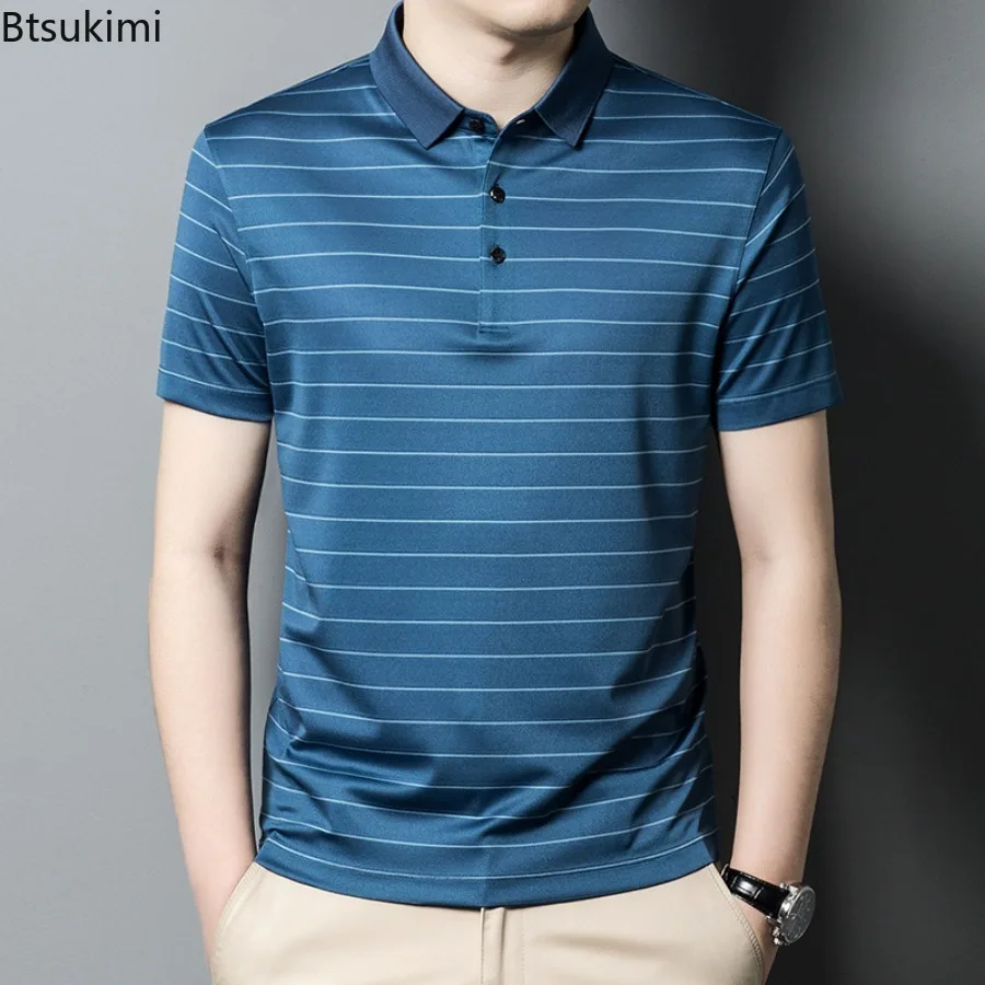 2024 High-end Mulberry Silk Polo Shirt Men's Trend Short Sleeve Striped Business Casual T-shirt Summer Cool Breathable Tops Male