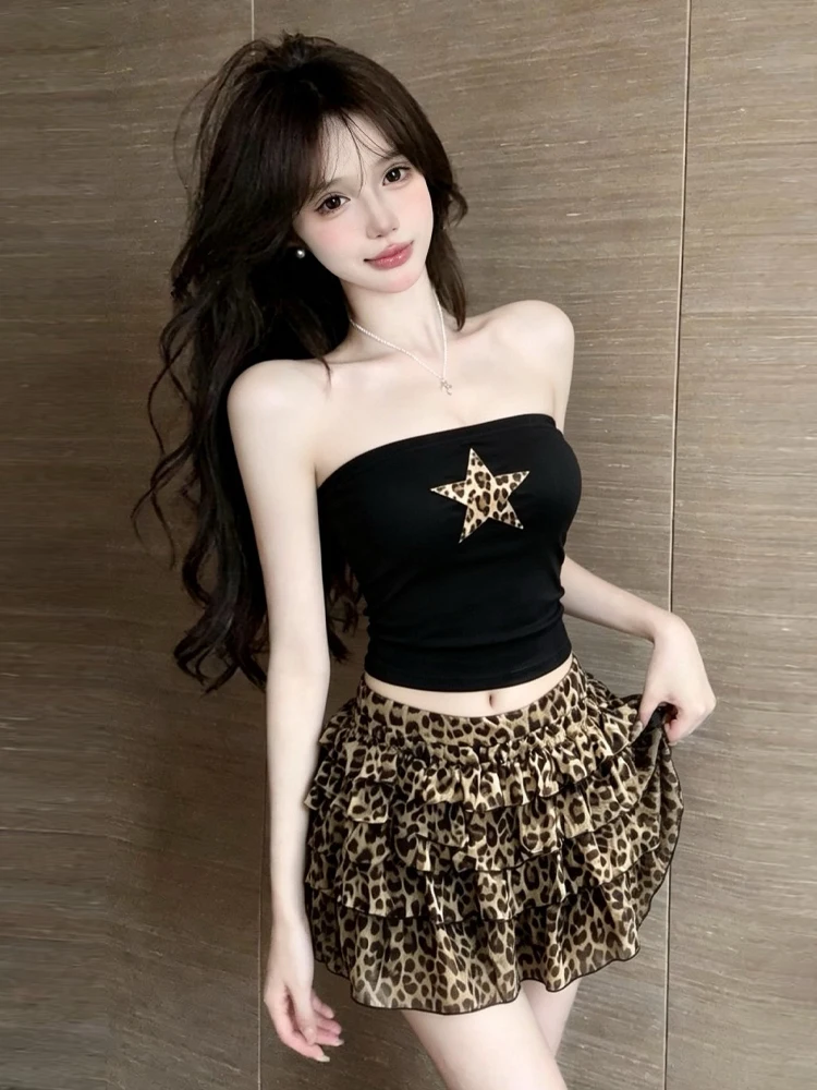 

Sexy Spicy Girl Pure Desire One-Shoulder Short Crop Top Vintage Leopard Print Slimming Cake Short Skirt Two-Piece Set