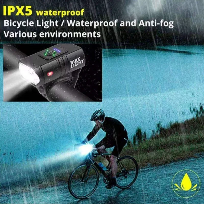 USB recarregável frente bicicleta luz LED com Power Display, farol impermeável, lanterna, ciclismo acessórios