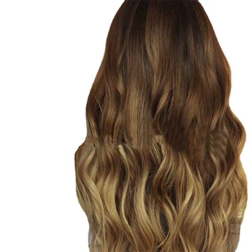 Peruka damska z przedziałkiem na środku, duże fale, doczepiany włosy z efektem gradientu, farbowane w gradientowy kolor.