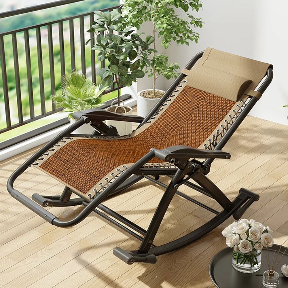 Rocking Chair, Lounge Chair, Adult Folding Nap Bed Rattan Chair, Back and Easy Balcony Home Leisure Elderly Lazy Sleeping Chair