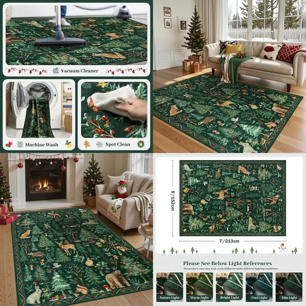 

Green 5x7 Christmas Rug - Washable, Ultra-Thin, Non-Slip for Living Room, Kids' Playroom, and More