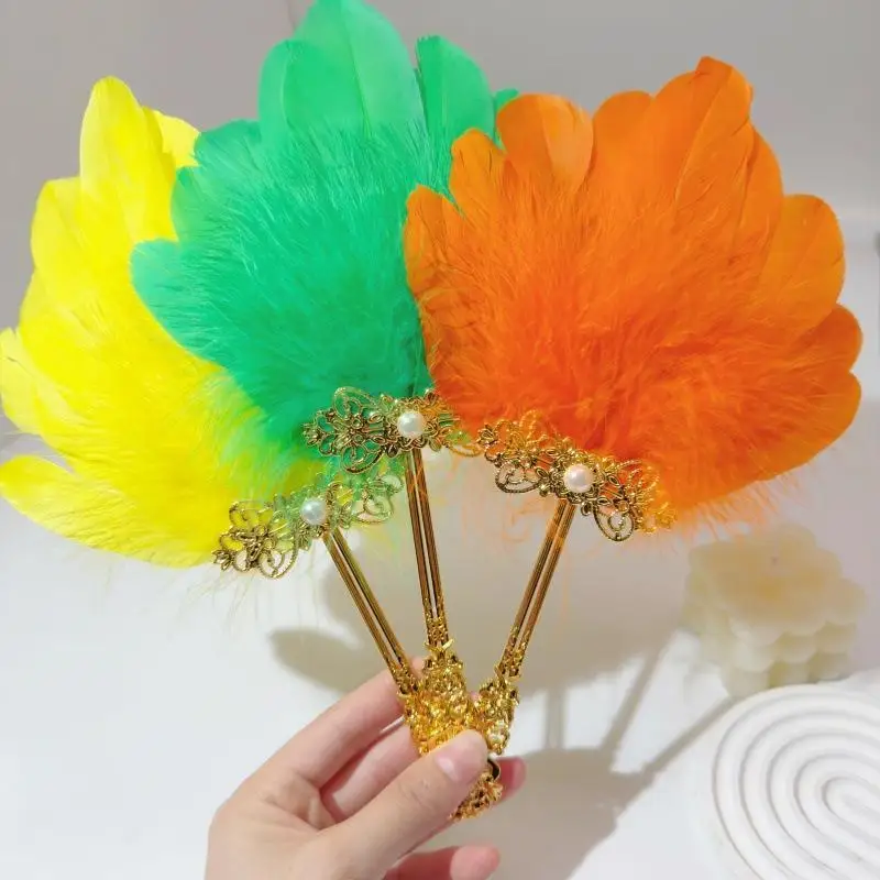 Gold Handle Feather Hand Fan Colorful Vintage Ornate Fluffy Feather Fan Chinese Style Fairy Fan Dance Fan Stage Performances