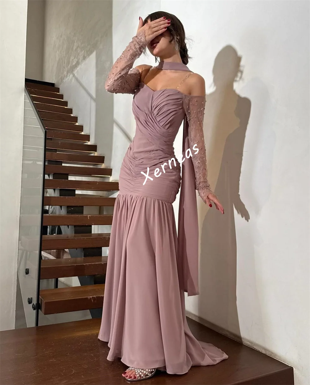 Robe longue de soirée en mousseline de soie, personnalisée, plissée, perles, charmante, épaules dénudées, trompette, sur mesure, pour occasions, haute qualité