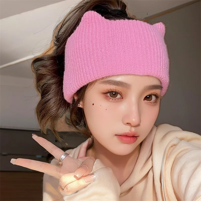 Elastic Sweet Cat Ears Headband Winter Warm Knitted Women Cute Korean Hair Bands Face Washing Wide-brimmed Sports Hair Wrap