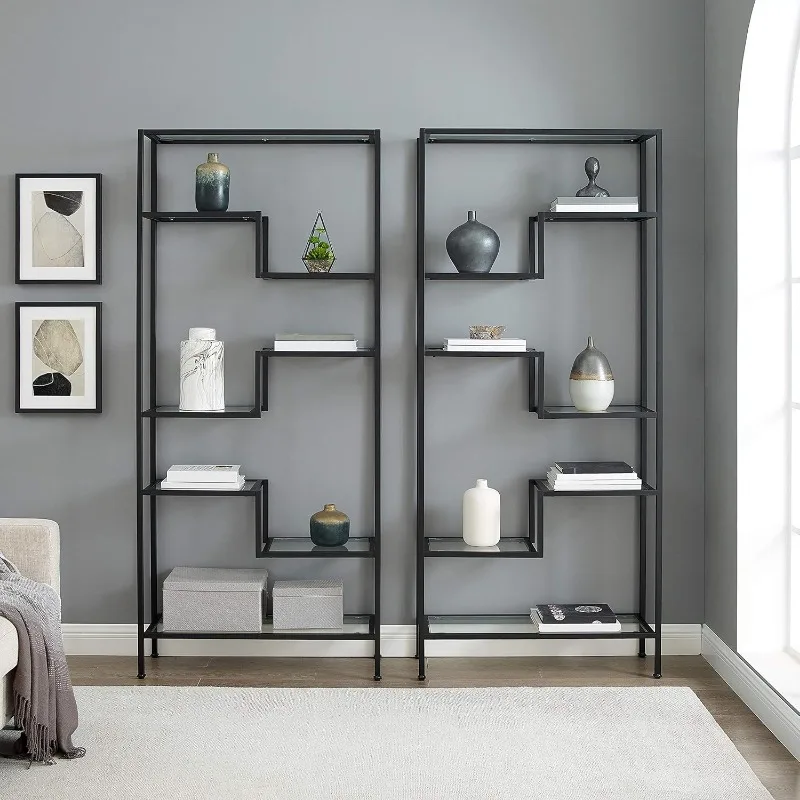 2-Piece Bookshelf Set with Glass Shelves, Bookcase Storage, Pairs well with modern and transitional décor burliness Matte Black