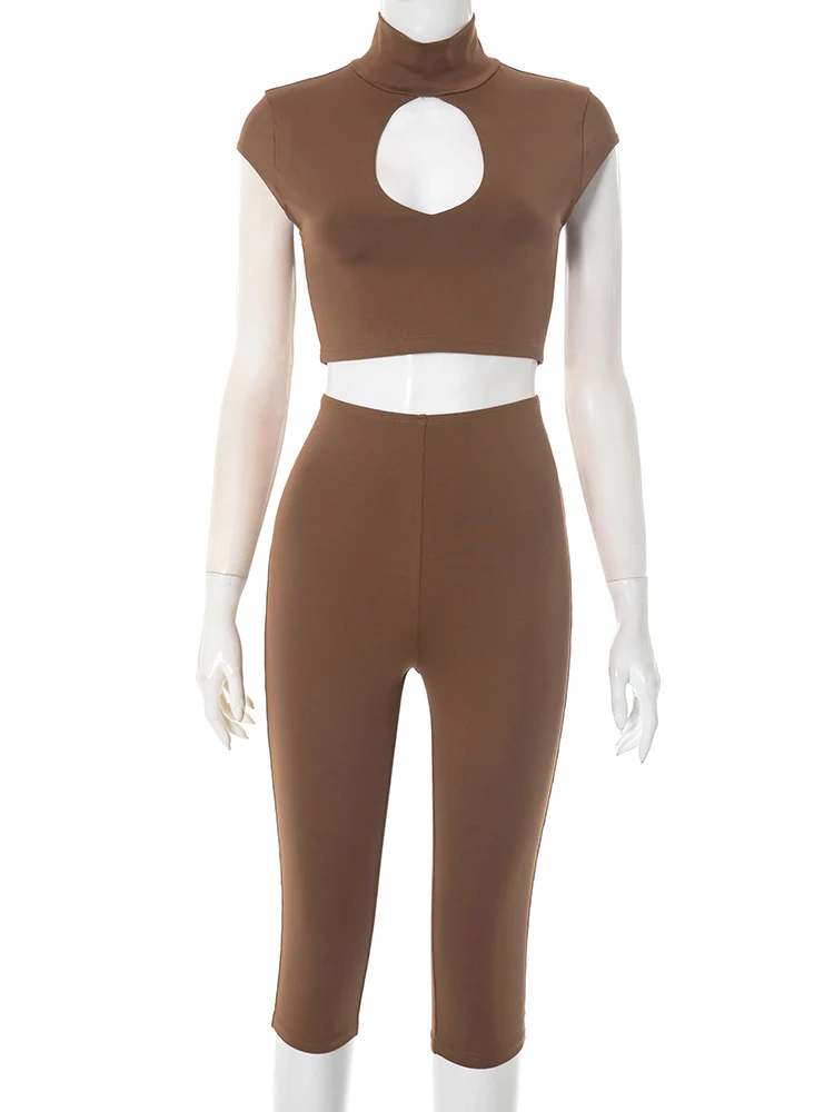 

Whatiwear Sexy Fashion 2 Piece Set Women o-Neck Hollow Crop Tops+Skinny Peach Buttocks Shorts Midnight Club Party Solid Outfits