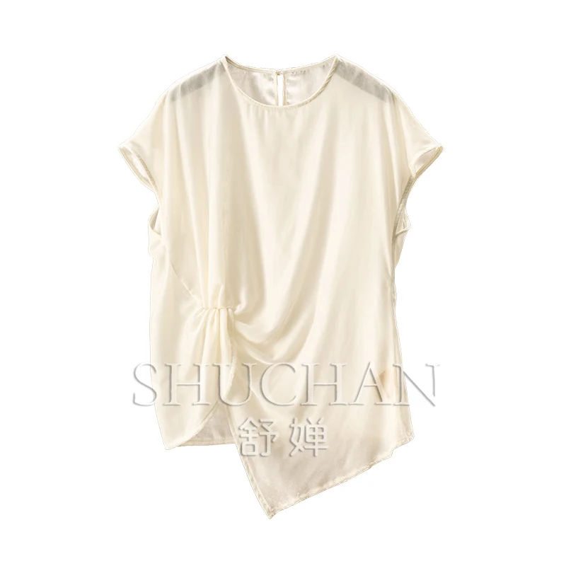 Nuevo adelgazante Seda Natural terciopelo pellizco plisado cintura pequeña camisa De manga voladora Mujer 60C0 Blusas De Mujer señoras Tops
