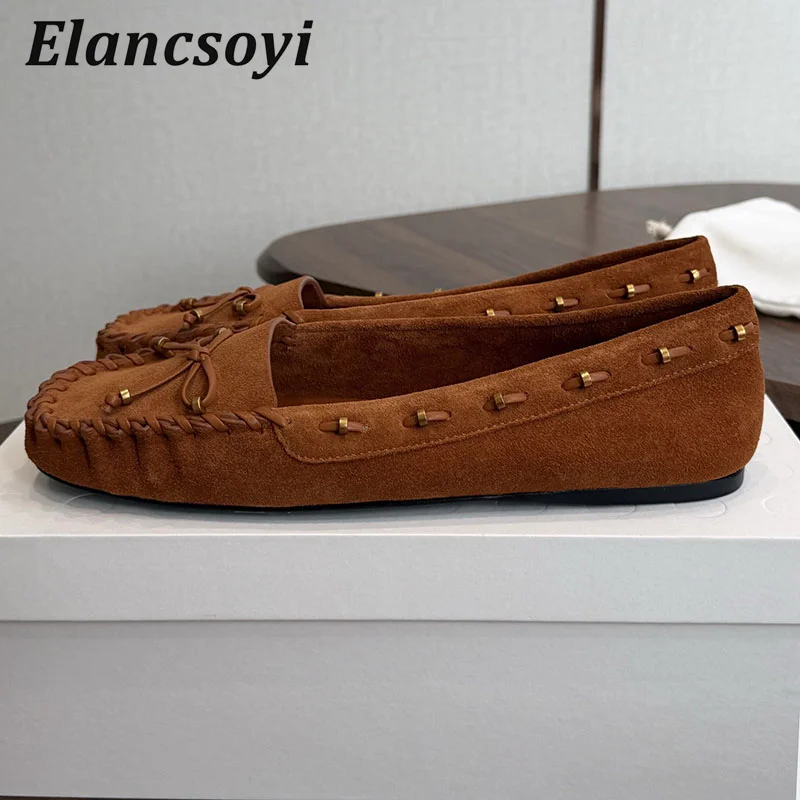 Lazy Loafers Women's Genuine Leather Square Toe Bow Doudou Shoes Metal Casual Single Shoes Summer Versatile Flat Shoes 2026