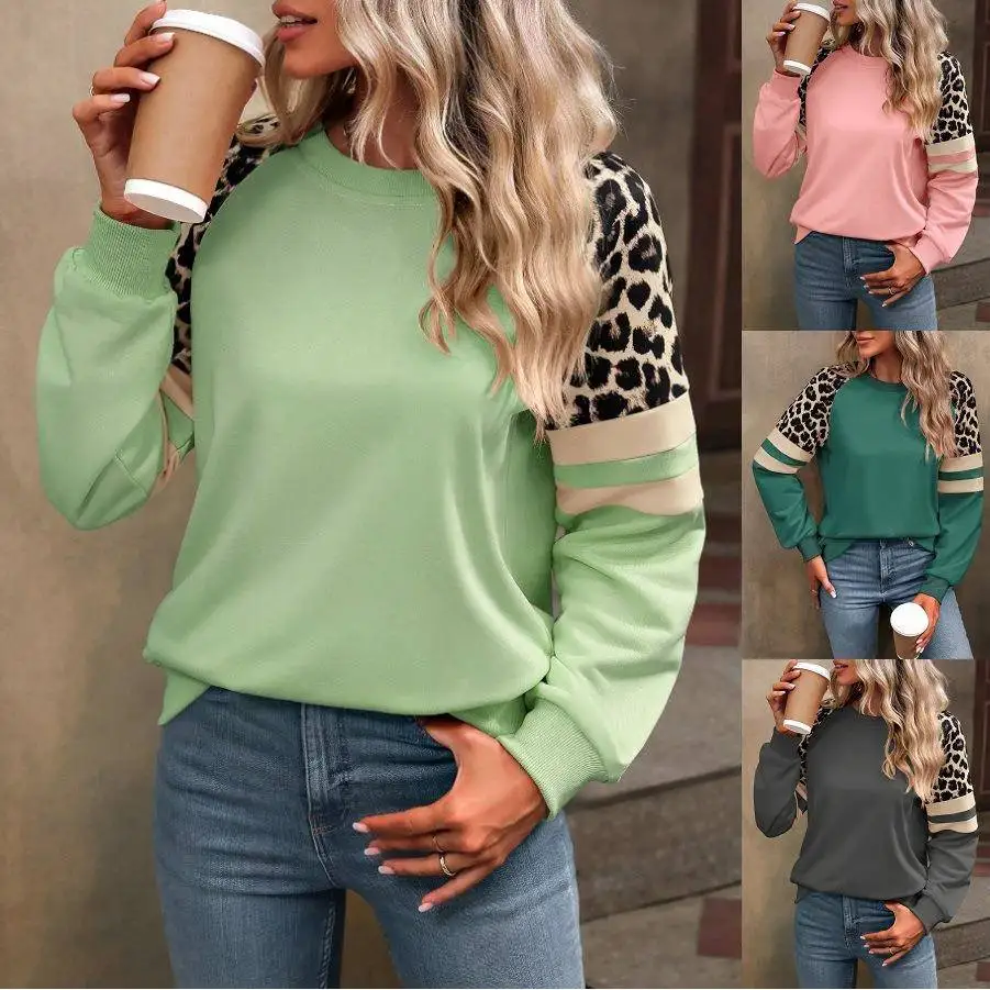 Loose Long Sve Leopard Print Color Blo Women's Hoodie Autumn Winter New Sle Comfortable Cotton Crew Ne Sweatirt