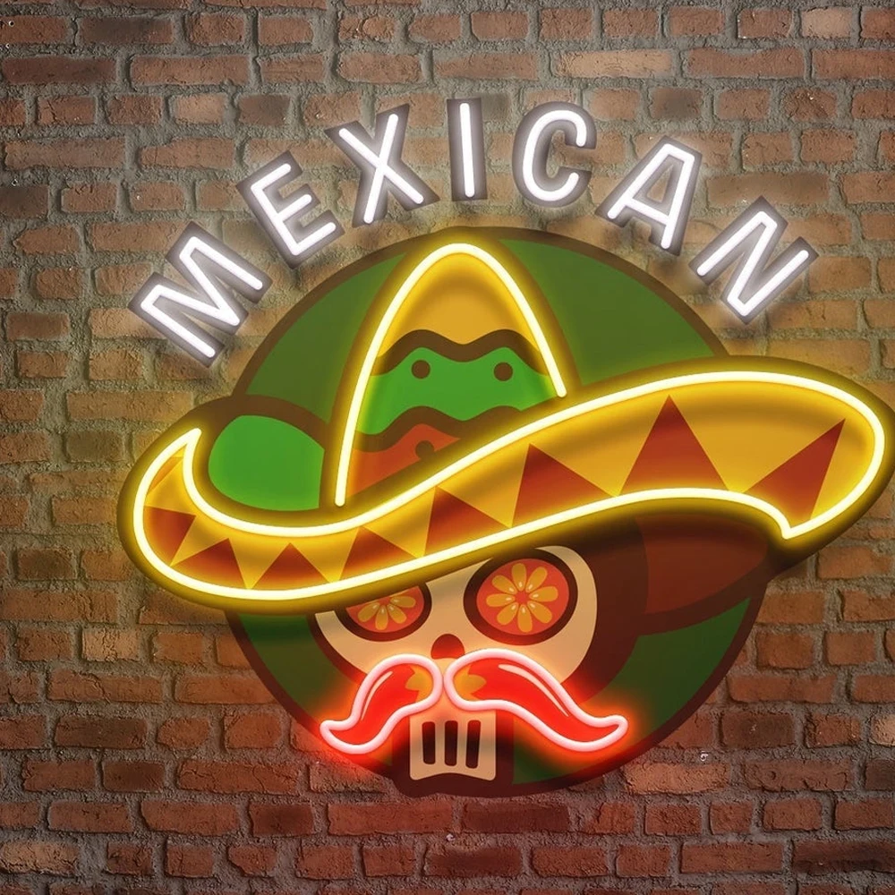 Mexico Taco Restaurant Neon Sign Skull Bone Custom Neon Light Wall Decor Acrylic Artwork Neon Signs Decorative Aesthetic Led