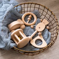 1pc Baby Toy Beech Bear Hand Teething Baby Rattles Wood Ring Cartoon Car Play Gym Montessori Stroller Toy Educational Toys