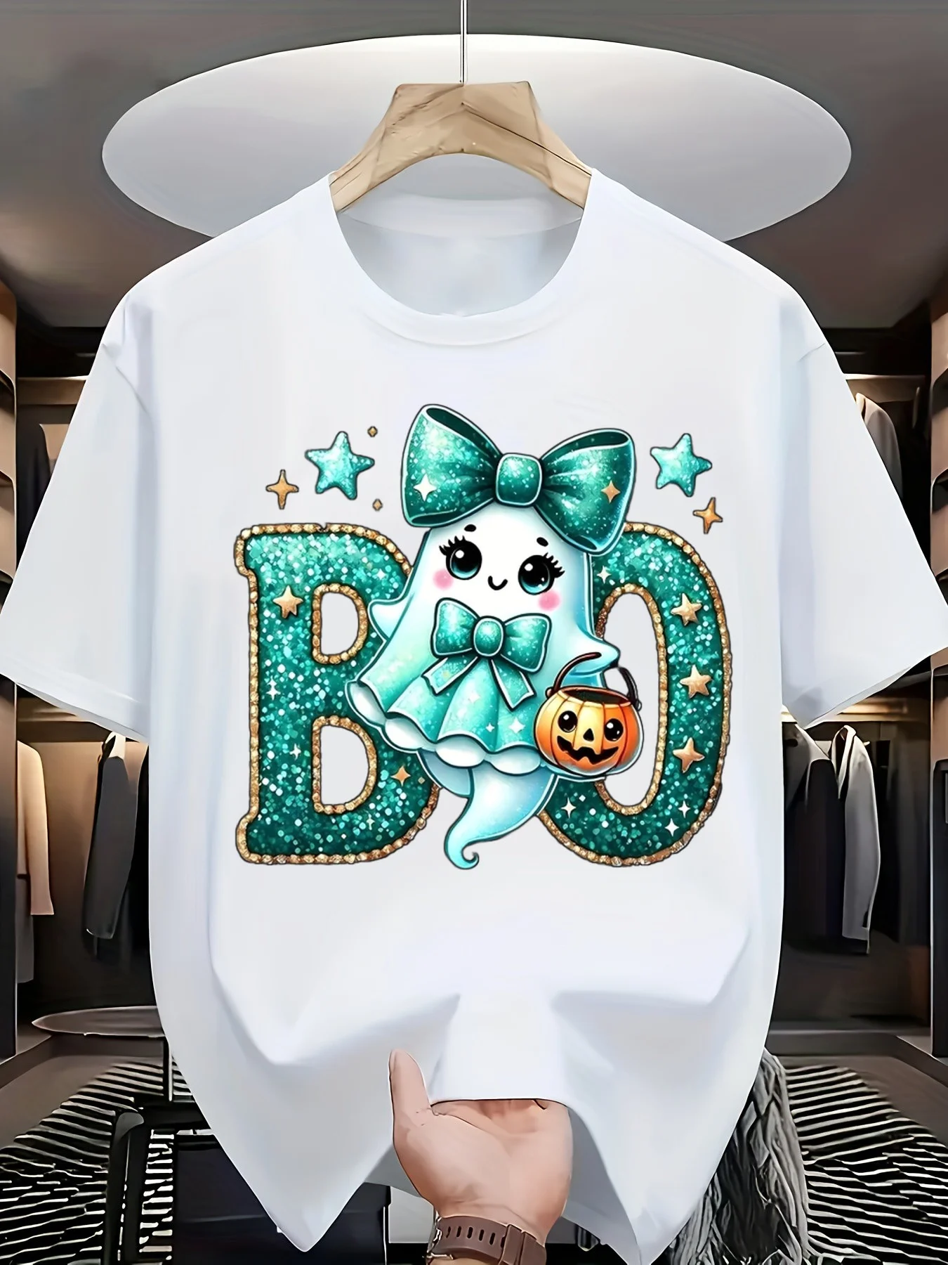 Cute Glittery Halloween Design Men's TShirt Boo Sparkle Pumpkin Kawaii Cartoon Graphic Versatile Match TeeRetro Casual Crew Neck Printed TShirt