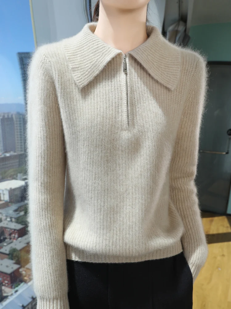 Women Cashmere Sweater Polo Collar Zippers Pullover Autumn Winter 30% Cashmere And 70% Merino Wool Knitwear Long Sleeve Clothing