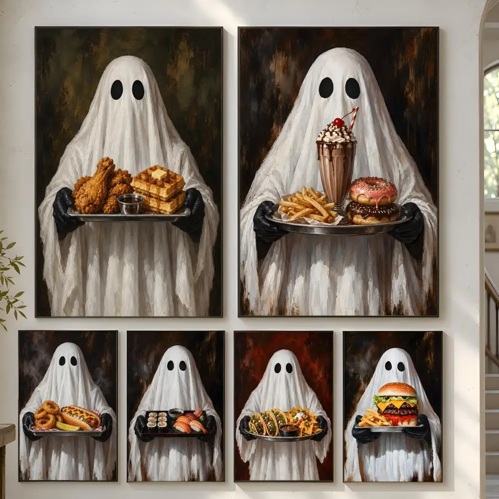 Halloween Ghost Food Feast Funny Poster Home Artwork For Living Room Bedroom Office Dorm Apartment Gift