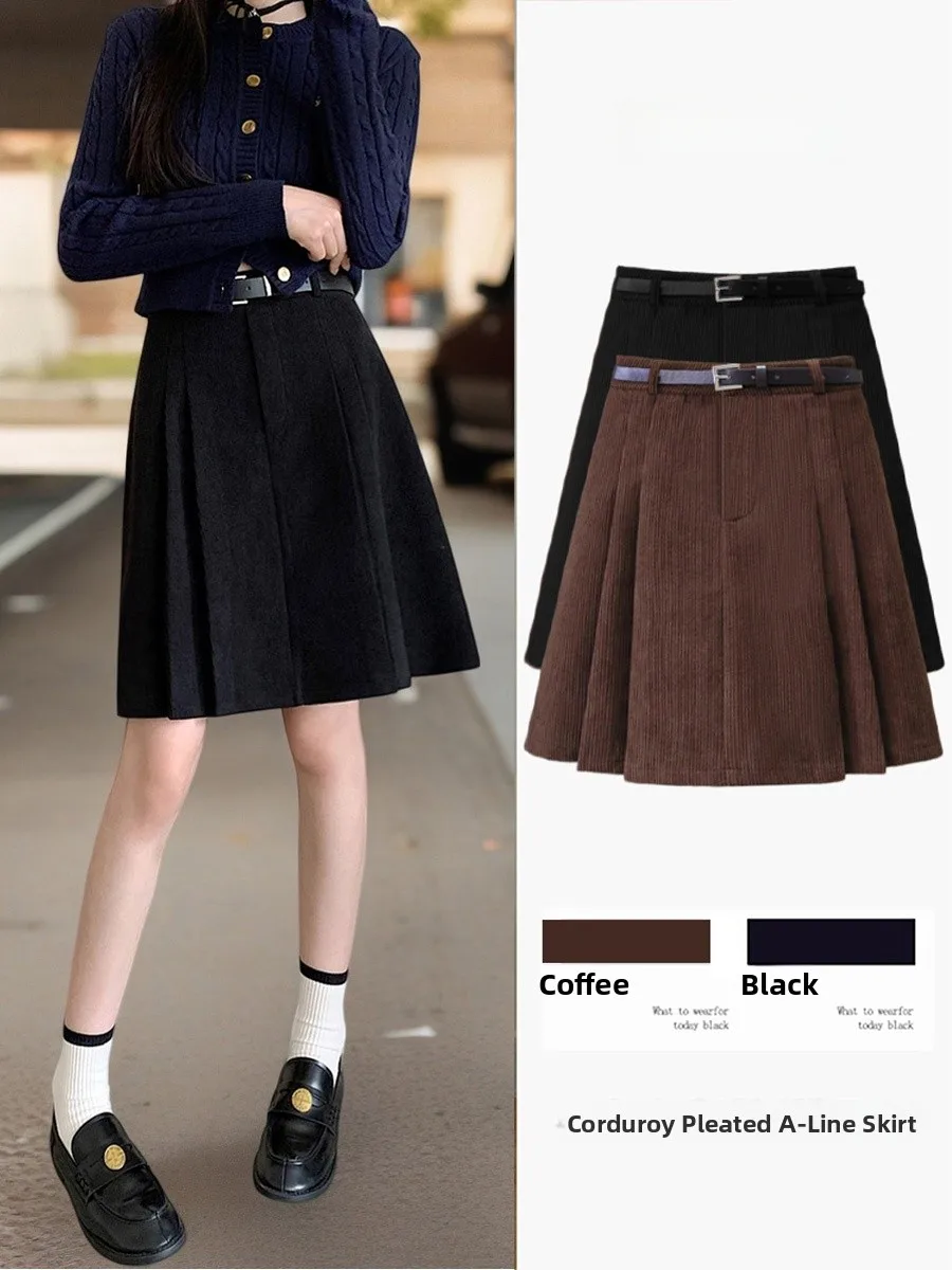 

Вельветовая юбка с высокой талией, женская осенне-зимняя модная плиссированная юбка трапециевидной формы в стиле ретро, эффект похудения