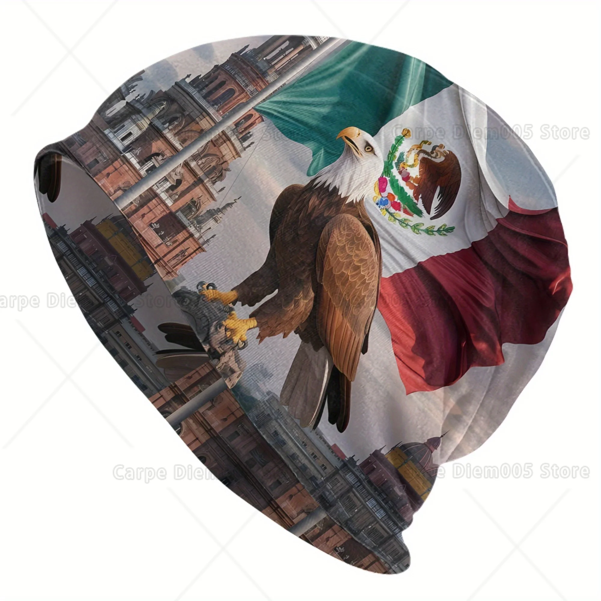 

Mexican Flag Eagle Design Beanie Hat - Stylish Knit Cap for Men, Polyester Blend, Casual Headwear for Spring Fall