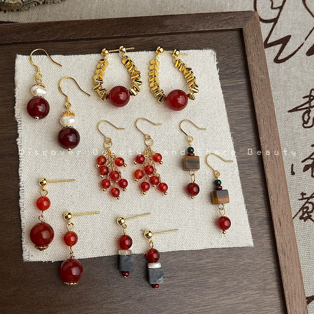 

DIY accessories National style handmade agate earrings New Chinese natural stone fringed earrings Literary and retro temperament