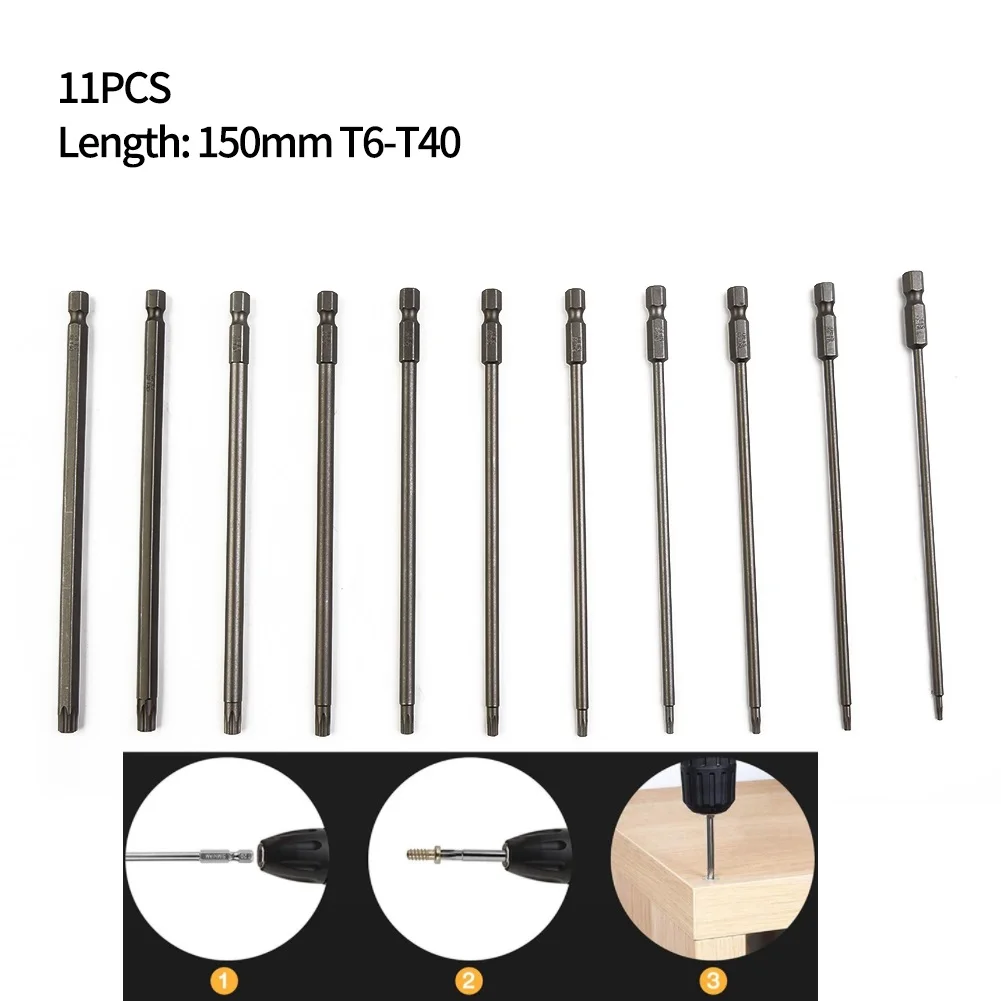 11pcs Magnetic For Torx Driver Bits 150mm Length with 6 35mm Hex Shank for Use with Electric Screwdrivers and Drills T8 to T40