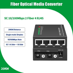 1 stks 4 RJ45 2 SC fiber poort fiber media Converter 1310nm/1550nm 20 km Fiber Optische Media converter met voeding