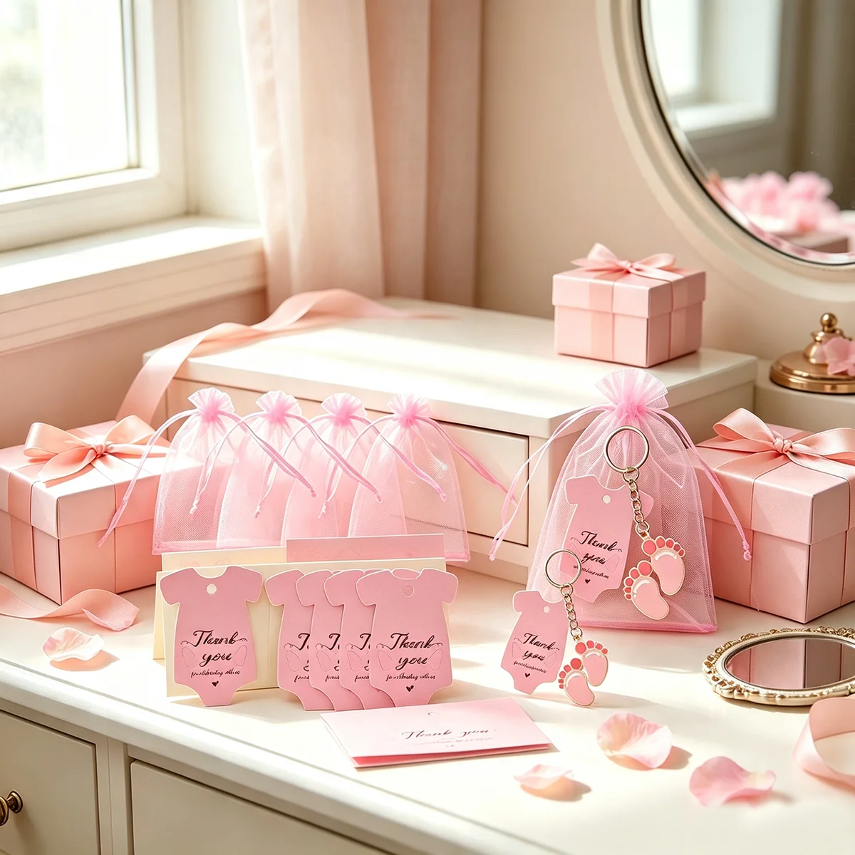 Ensemble cadeau de 15 pièces pour baptême de bébé - Porte-clés empreinte de pied, tenue rose, carte de remerciement, sac en tulle pour cadeau d'invité de fête de naissance