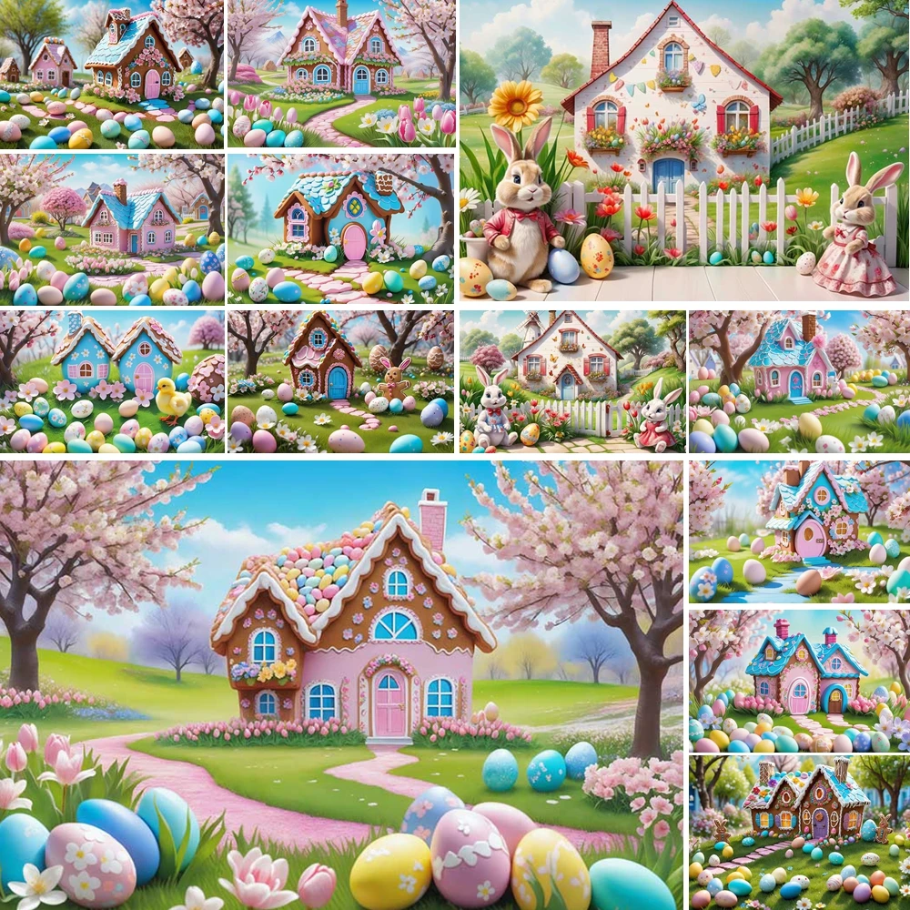 

MOON.QG Easter House Backdrops For Photography Candy Cherry Blossom Trees Bunny Plush Background Child Photoshoot Photocall