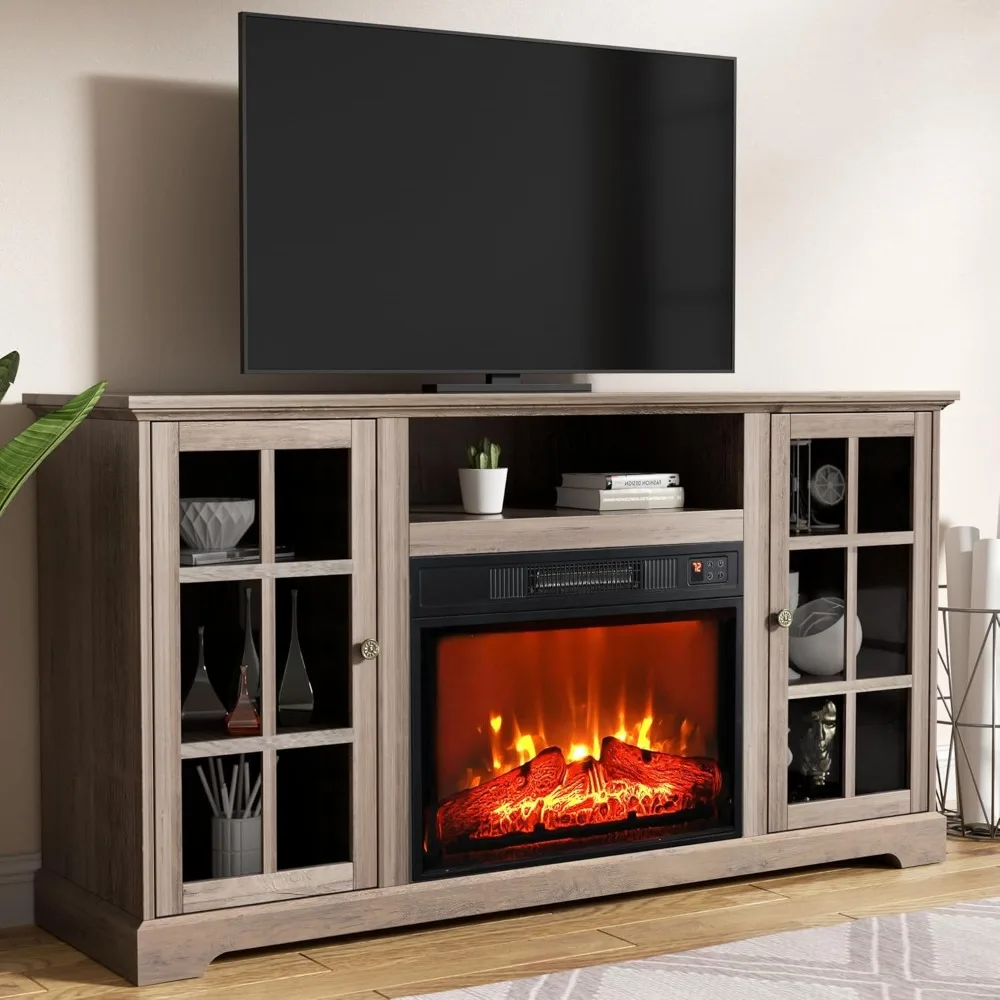 

Fireplace TV Stand for 65 inch TV, Mid Modern Entertainment Center, Farmhouse Tall TV Console with Glass Door