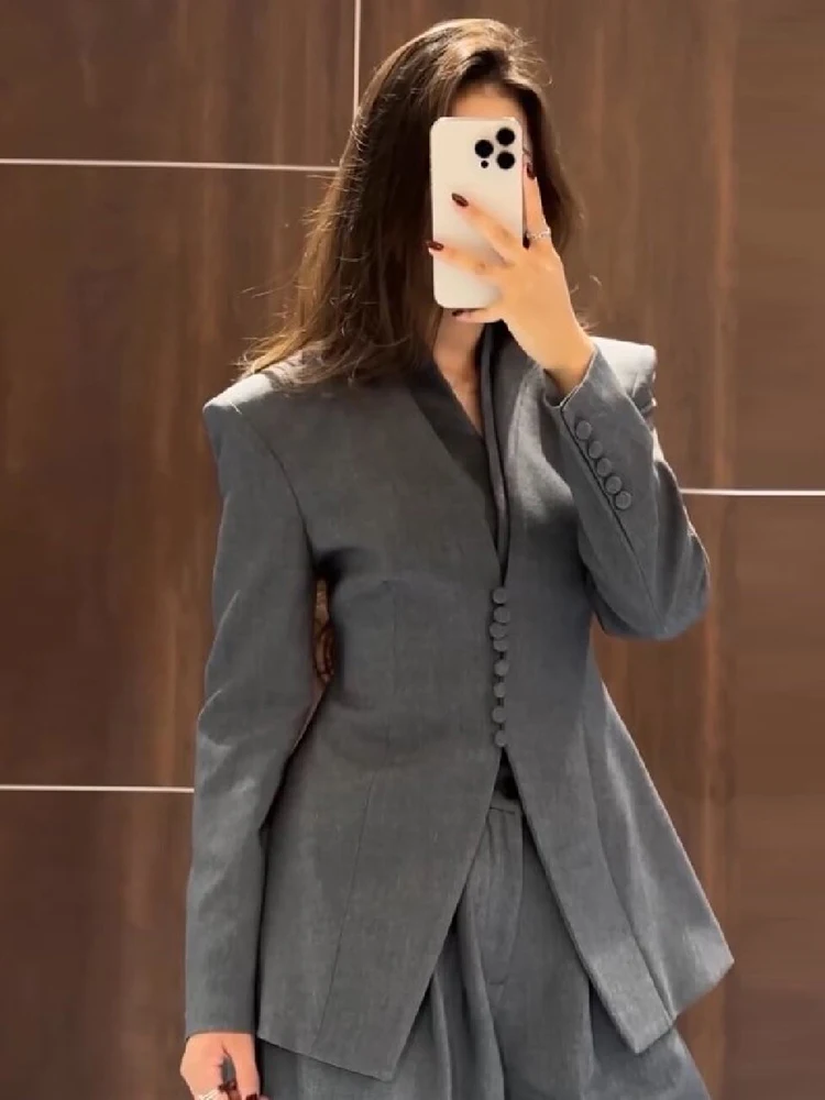 Elegant Grey V‑Neck Blazer Jacket Women Full Sleeve Waist Cinching Slim Office Suit Coats Autumn New Chic Street Causal Outwear