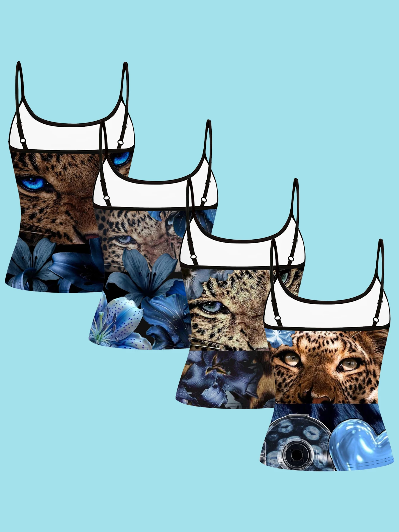 4-Piece Set of Women's Blue Leopard Head and Blue Lily Floral Print Spaghetti Strap Camisole Slim-Fit Base Layer Tops