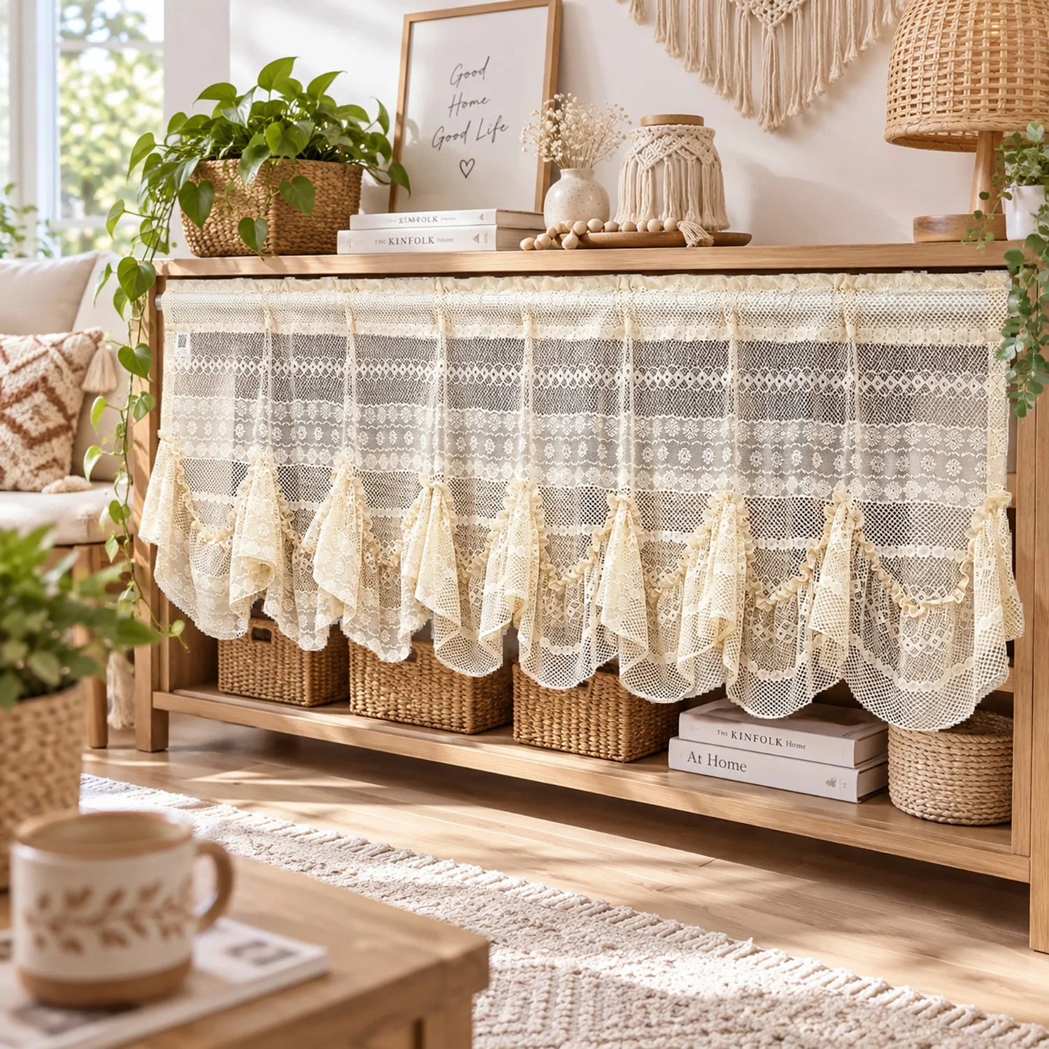 1PC Bohemia Beige Hollow Floral Short Curtain, Ruffled Bottom, Oven Curtain for Kitchen, Cabinet, Study, Door Home Decor