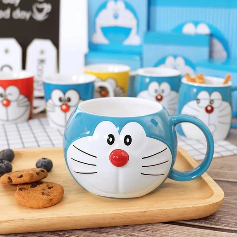 New Genuine Stock Doraemon Mug With Cover Machine Cat Cute Blue Fatceramic Cup Holiday Birthday Cartoon Gifts For Boys And Girls