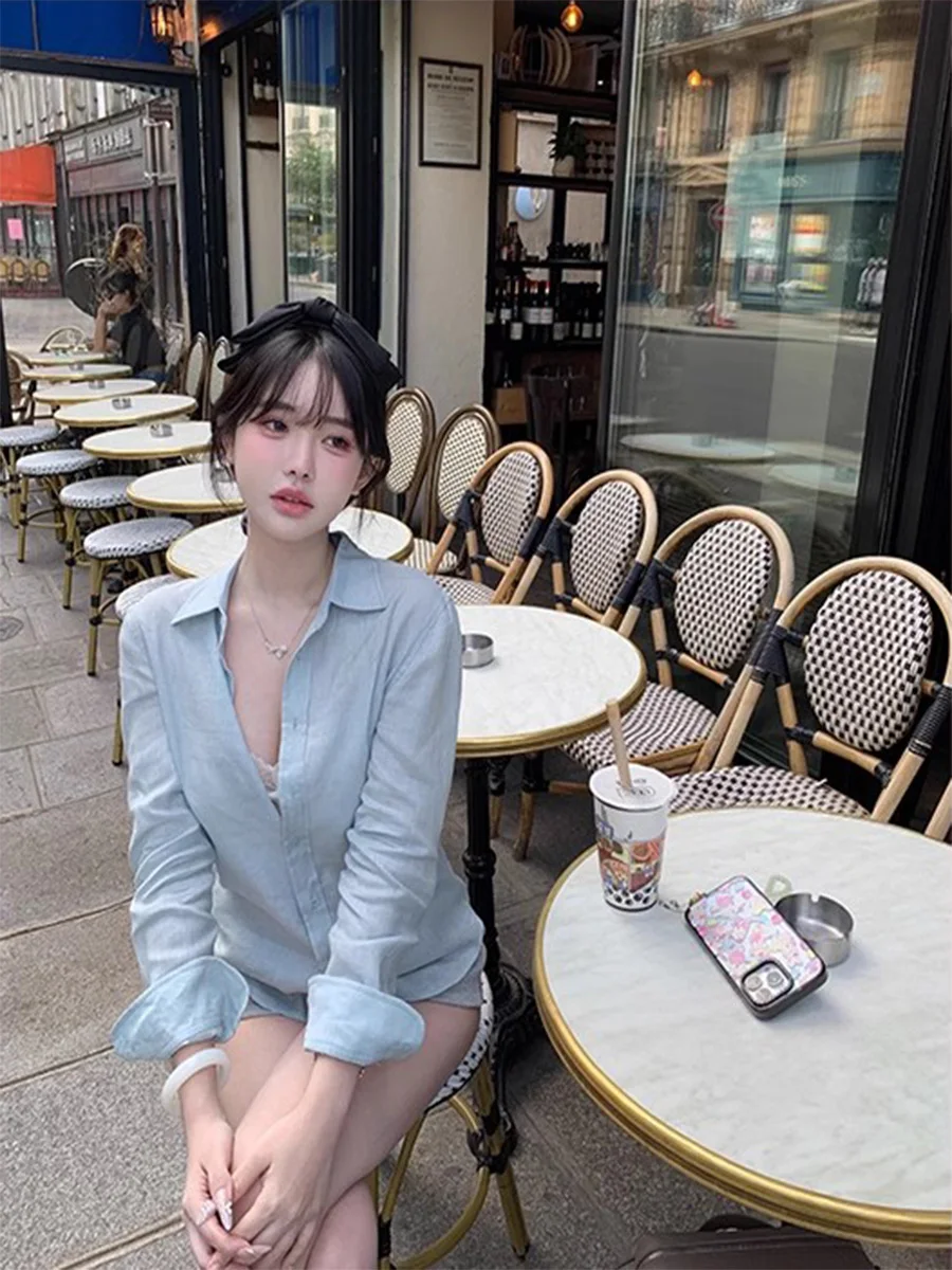 

Pure Linen Shirt Shorts Set New Arrival Autumn Vertical Fall in Love with the Innocence Women's Loose Fit Long Sleeve round Neck