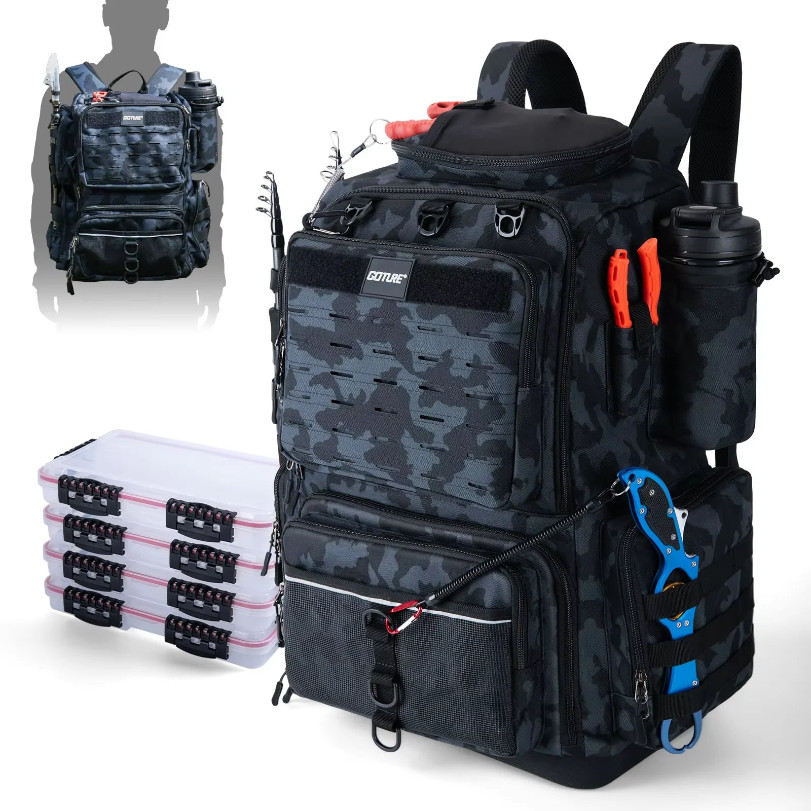 

Goture 55*36*28cm Multifunctional Fishing Backpack Tackle Bag with Rod Holders Fish Equipment Storage Camping Outdoor Sports Bag