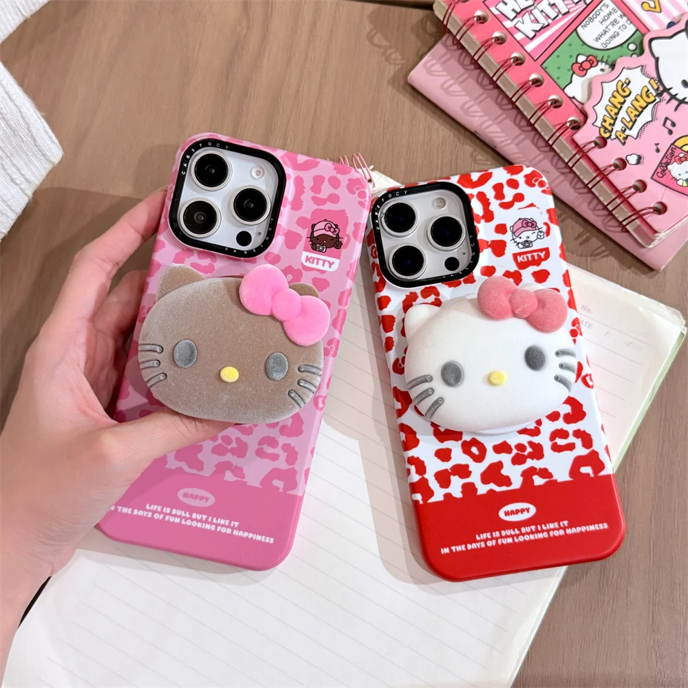 

INS Fashion Leopard Print 3D Hellokitty Magnetic Stand Phone Case for iPhone 14 15 16 Pro Max 16 Fundas Luxury Holder Cover 15