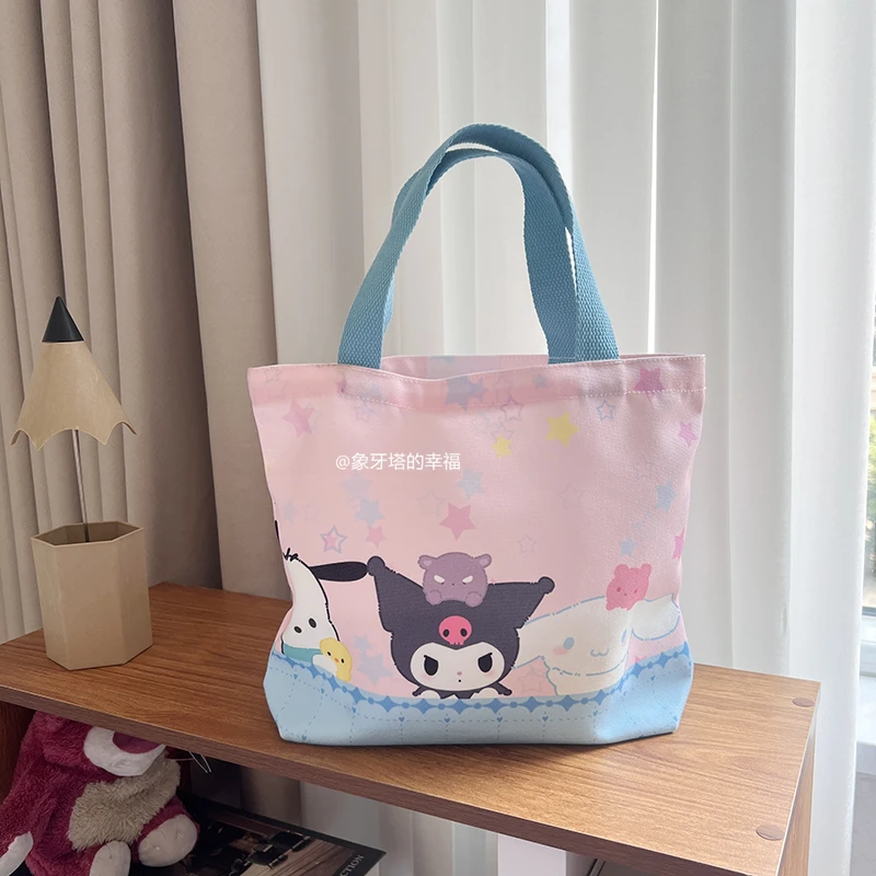 Lovely Kuromi My Melody Bento Bag Cute Japanese Style Canvas Bag Handbag Kawaii Double Sided Printing Anime Lunch Bag Student