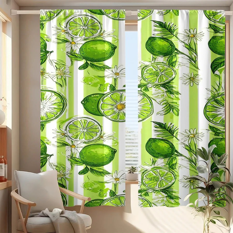 2PCS Multicolor Green Lime Slice Daisy Striped Pattern Curtains Rod Pocket Design For Bedroom And Living Room
