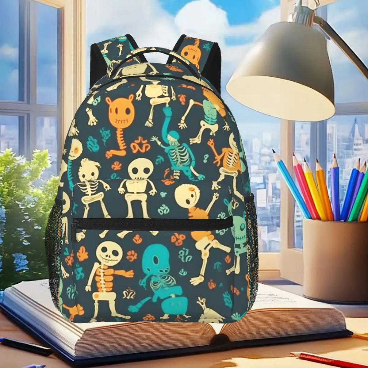 

Skeleton Dance Spooky Skull Bones Backpack Student Boys Girls BookBag Children School Bag Laptop Shoulder Bags for Men Women
