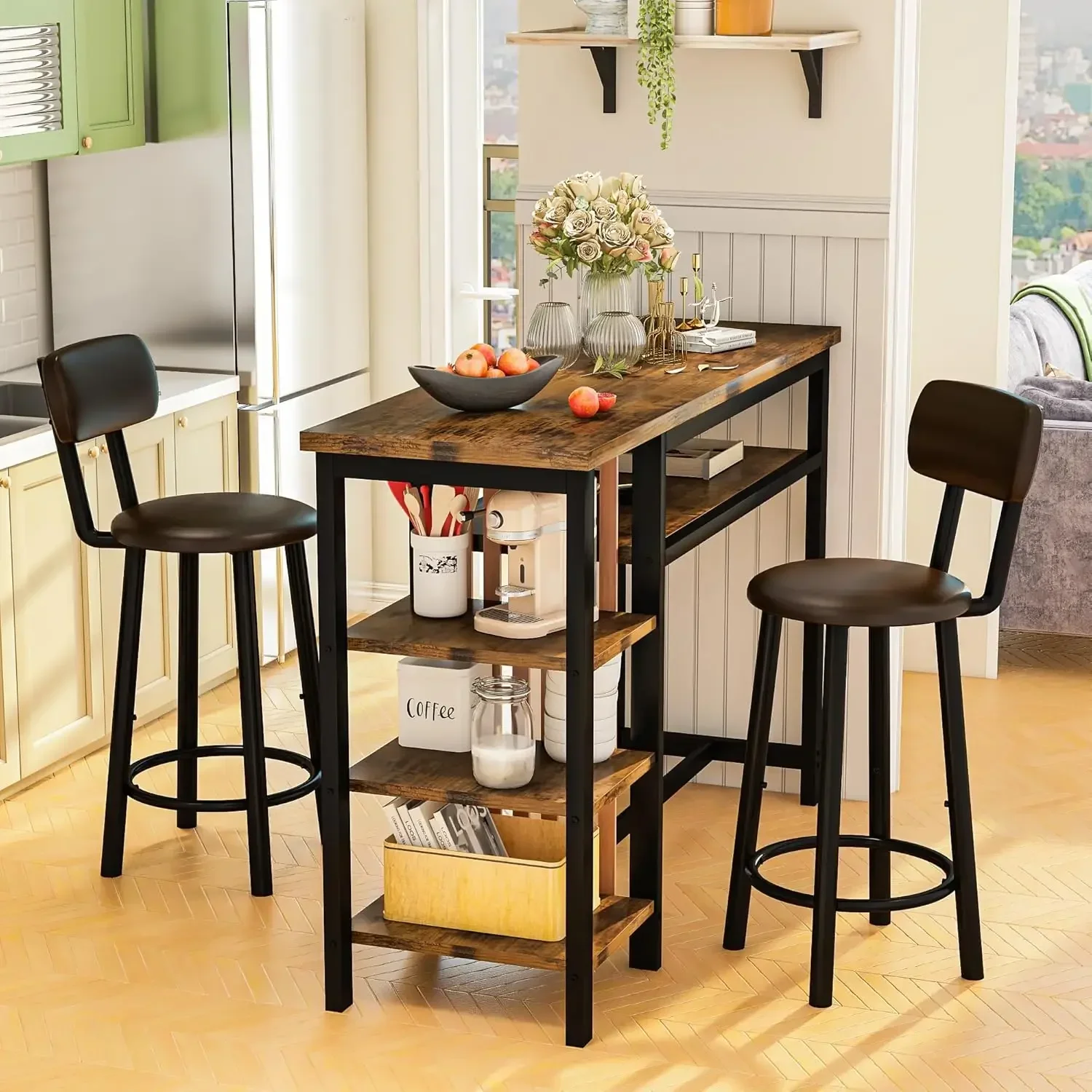 Counter Height Dining Set - Bar Table and 2 Upholstered Stools with Storage Shelves, Kitchen Breakfast Nook Pub Set