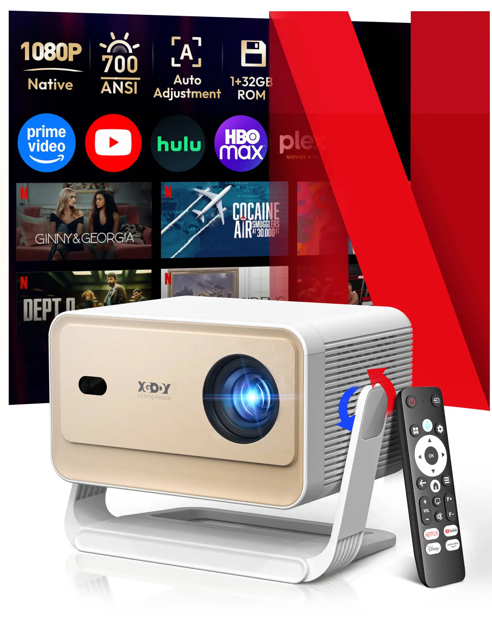XGODY ? projecteur � cardan N6 Pro 4K, Netflix officiel 700 Ansi natif 1080P, mise au point automatique, whale OS TV pour cin�ma maison