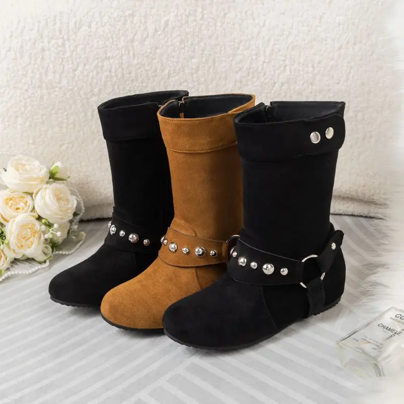 

ORCHA LISA Shoes Women New Flock Suede Women's Mid Calf Boots Round Toe 4cm Heightened Heel Decor Big Size 43 Leisure Style