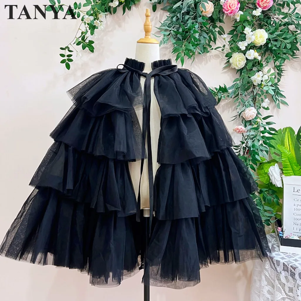 Black Tulle Tiered Wedding Party Jacket Ruched Short Women Cape High Neck With Croses