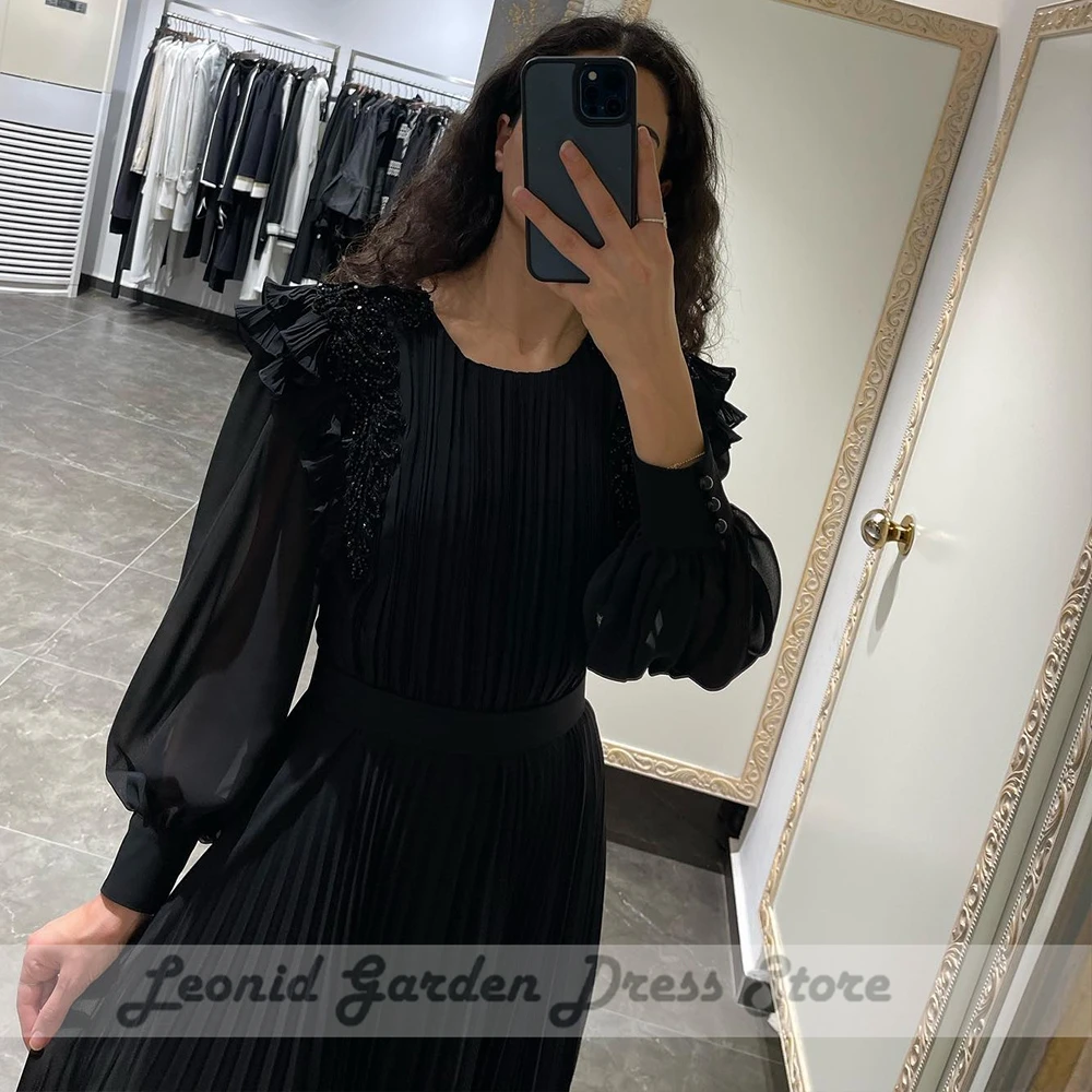 Black Chiffon Evening Dresses for Women Customized Full Sleeve Party Dresses Beading A-Line Zipper Back 2025 Vestidos De Noche