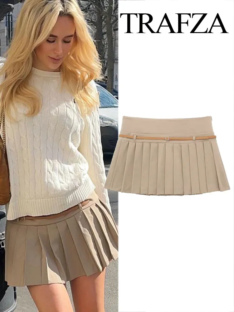 

TRAFZA Mini Culottes For Women 2024 Spring Wide Pleats A-Line Slim Casual Bottoms High Waist Belt Elegant Female Chic Pantskirt