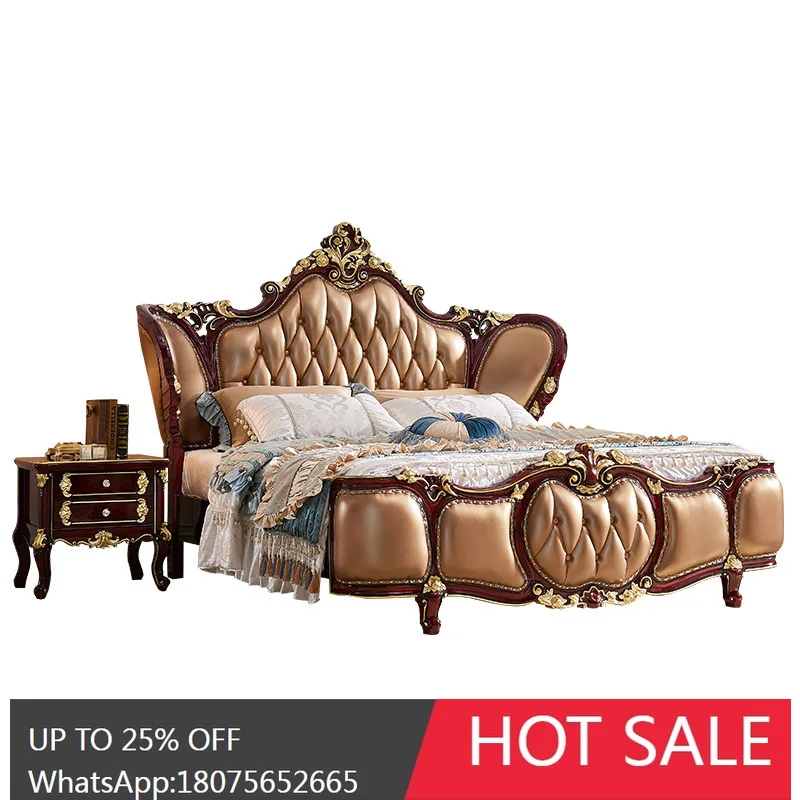 HLZ European Style Solid Wood Bed Full Solid Wood Carved New Classical Master  Double Genuine Leather Bed 2m Villa Furniture