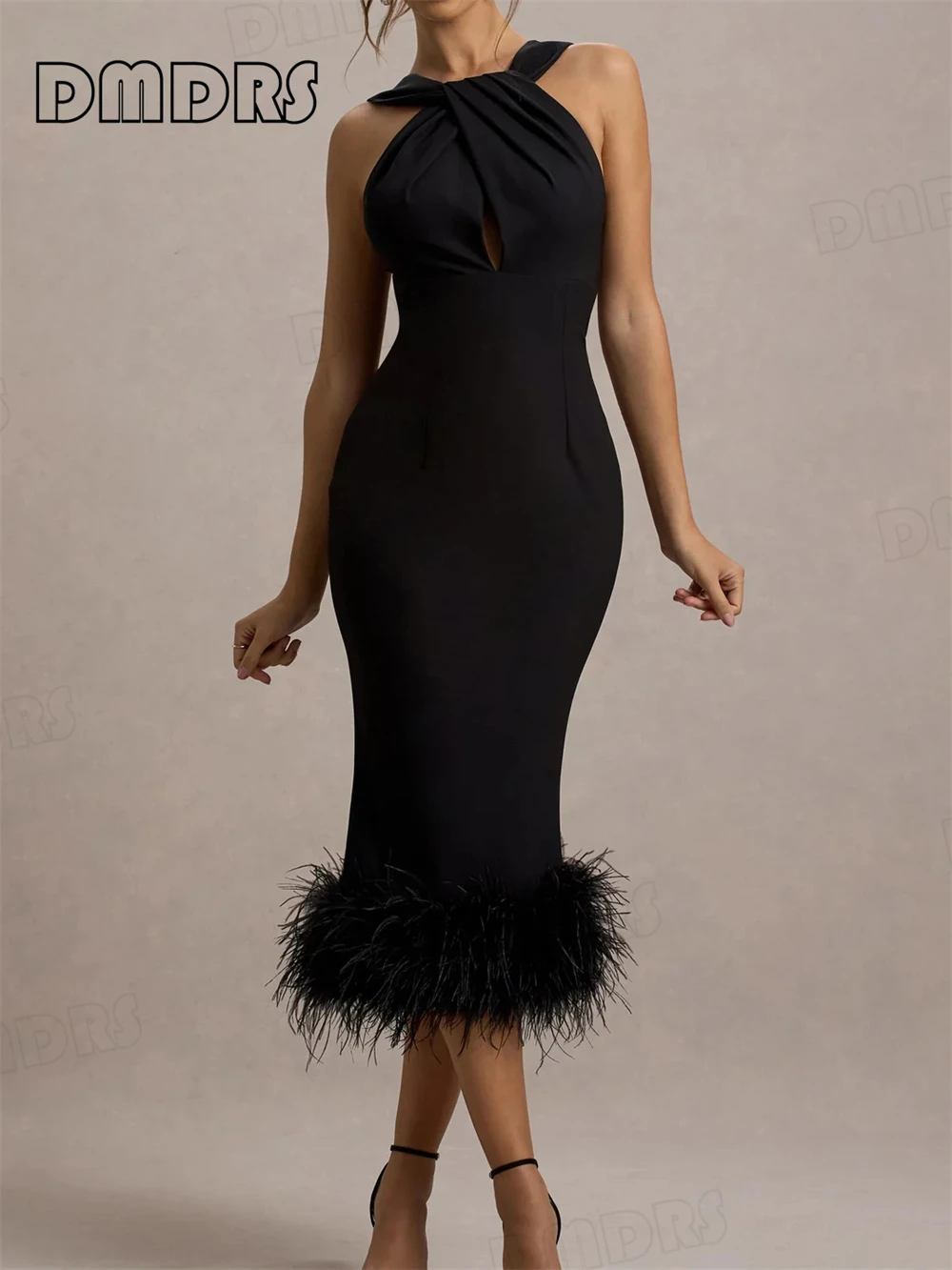 

Slim Fitting Black Formal Dresses for Women with Feathers Tea-Length Evening Prom Gown Birthday Party Dresses Customized