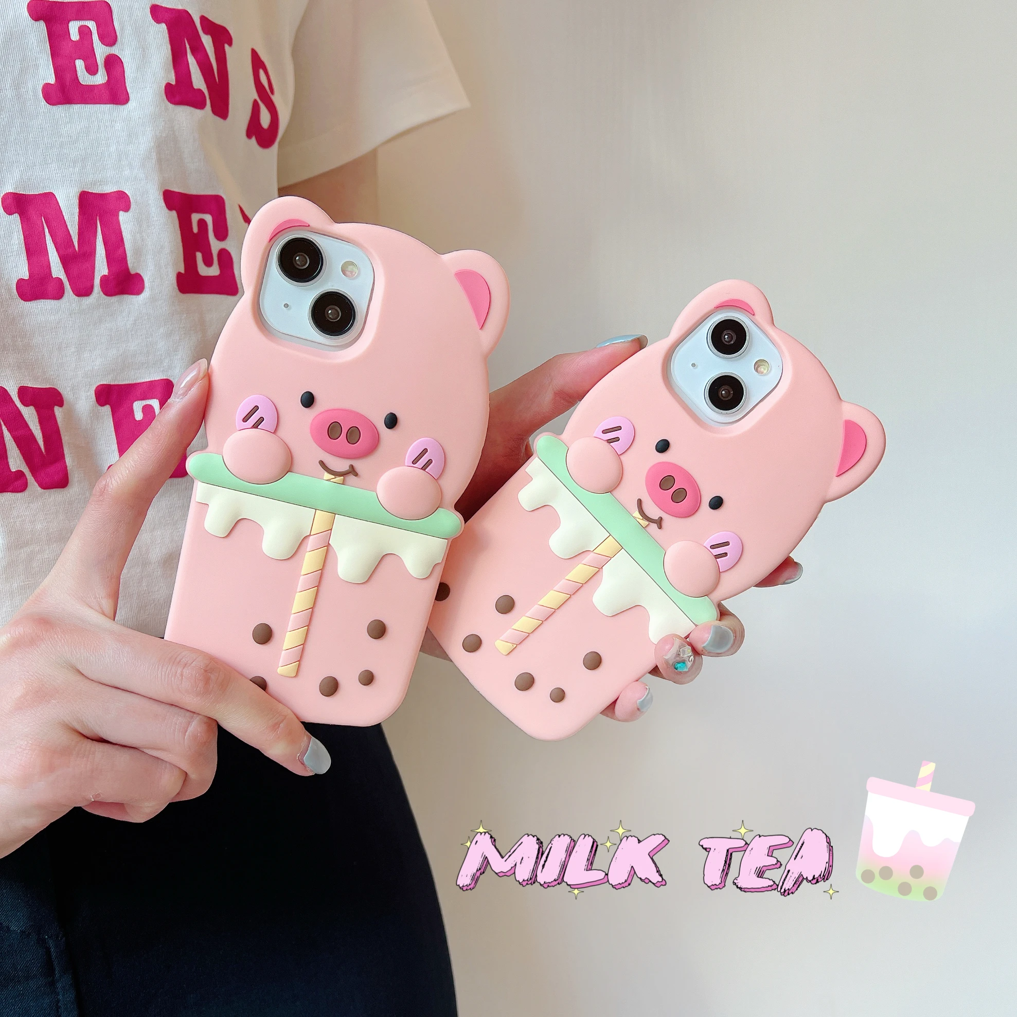 Soft Silicone Case for Phone Back Cover, Cute Cartoon, Bubble-Tea Pig, Shockproof, Phone Skin, 3D, Cute, iPhone 11, 12, 13, 14 P